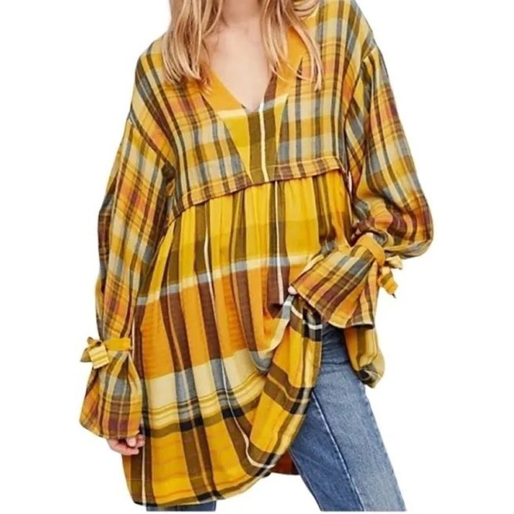 Free People Falling Stars Yellow Plaid Mini Dress‎ Size Small Bohemian Casual